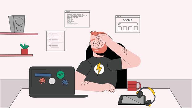 Frustrated Software Developer Facing Coding Errors During Remote Programming Workstation vector