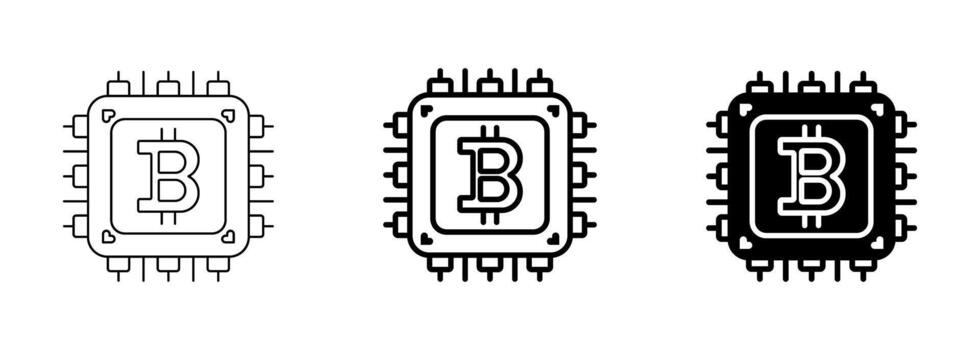 Bitcoin mining processor chip icon set vector