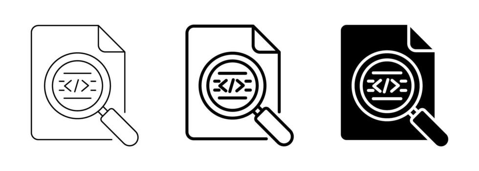 Code search icon set, programming document analysis vector