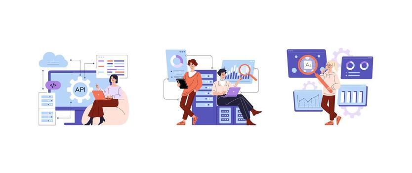 API AI analytics team working with data dashboards set vector