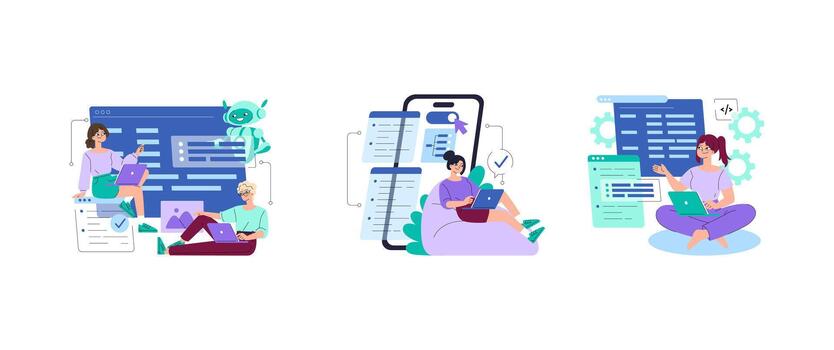 Software developers managing coding and app interface tasks vector