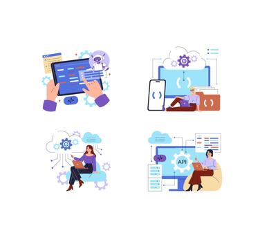 API integration developers working on cloud software systems vector