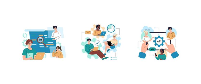 Developers Collaborating on API Integration and Coding Tasks vector