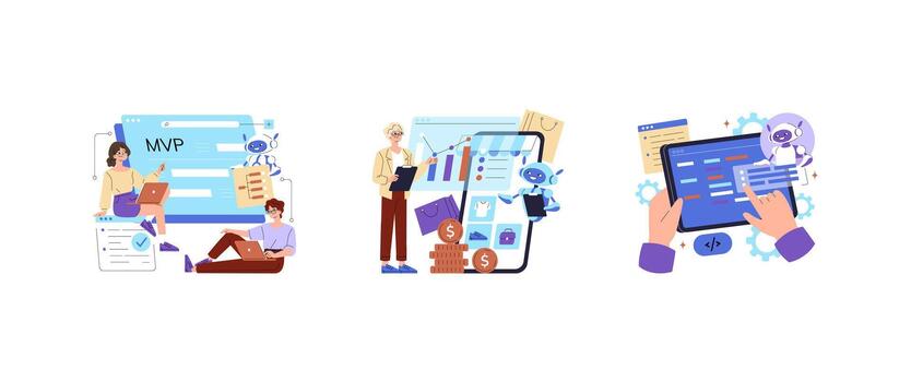 MVP app development and ecommerce coding workflow set vector