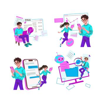 Digital workflow team using mobile apps and data analysis vector