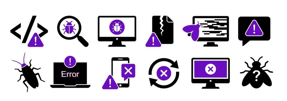 Software Defects And System Bug Icons Set Showing Computer Error Glitch Program Failure And Code Warning vector