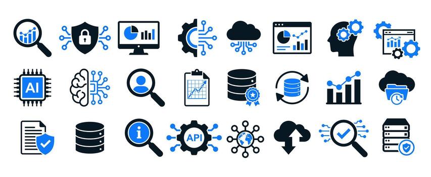 Data Analysis And Business Intelligence Solid Fill Icons Set Including Machine Learning Artificial Intelligence Cloud Computing Database And Security vector