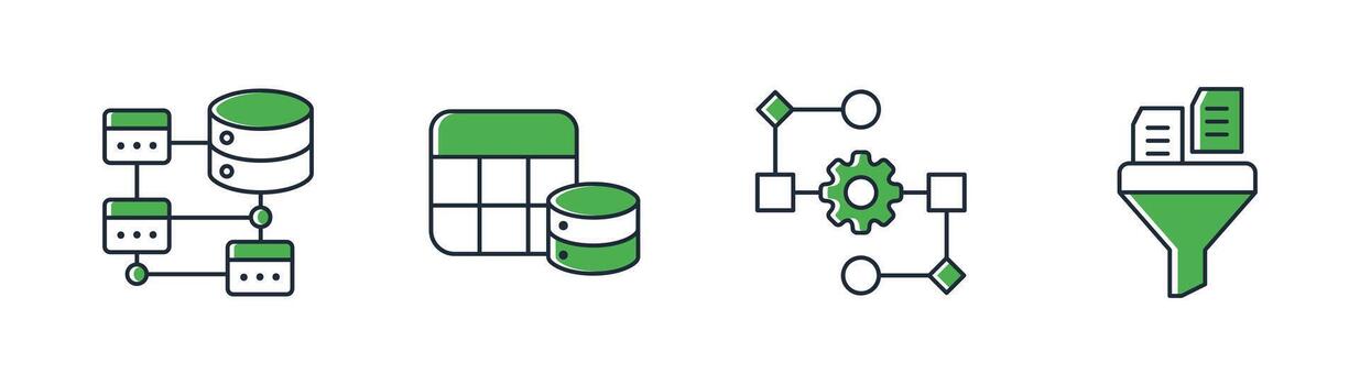 Data processing icon set collection featuring database, data table, data flow, filter, storage, organization, analytics, management vector
