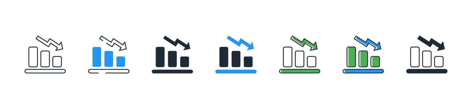 Trend arrow down data analytics icon set collection. Decline, decrease, performance, negative, business, statistics, downward trend vector