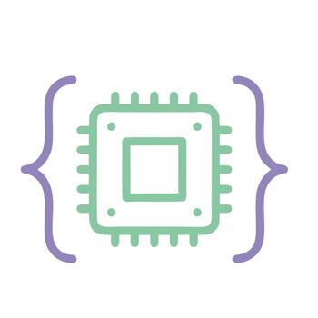 Microprocessor chip icon surrounded by curly brackets representing coding, software development, and programming concepts vector