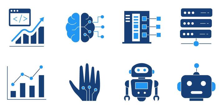 tecnología artificial inteligencia y datos analítica azul sólido icono conjunto vector