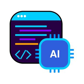 AI coding window icon with processor chip for artificial intelligence programming design vector