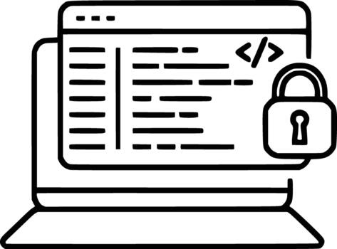 Secure source code browser window outline icon illustration for web development, software security, and programming concepts vector