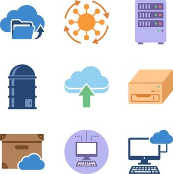 Flat cloud computing and data storage technology icon set vector