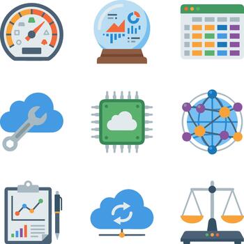 Flat data analytics and cloud computing icon set vector
