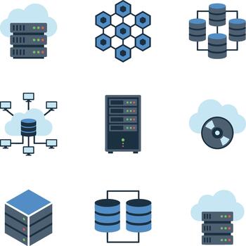 Data center and cloud computing infrastructure flat icon set vector