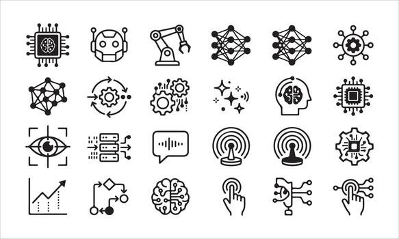Artificial intelligence tech line icon set for machine learning data process. vector