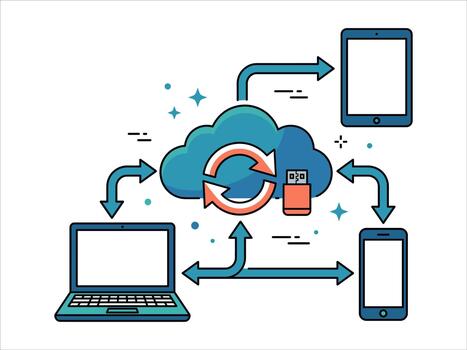 nube informática datos sincronización concepto con conectado digital dispositivos vector