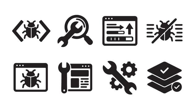 Software development troubleshooting and debugging icon set vector