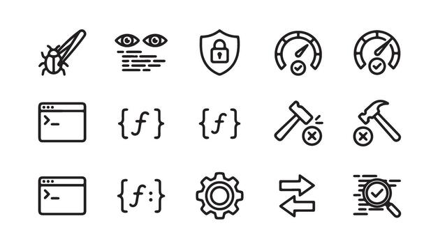Software development icons - bug, code, security, performance, and testing vector