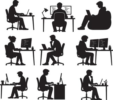 Software Developer Coding Silhouette Set with Black Programmer Icons vector