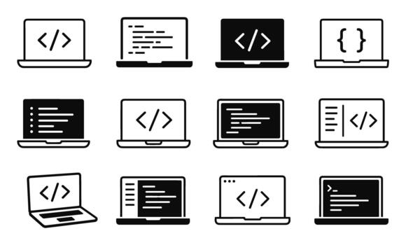 Laptop coding and programming icon set representing software development, web design, computer engineering, and technology concepts vector