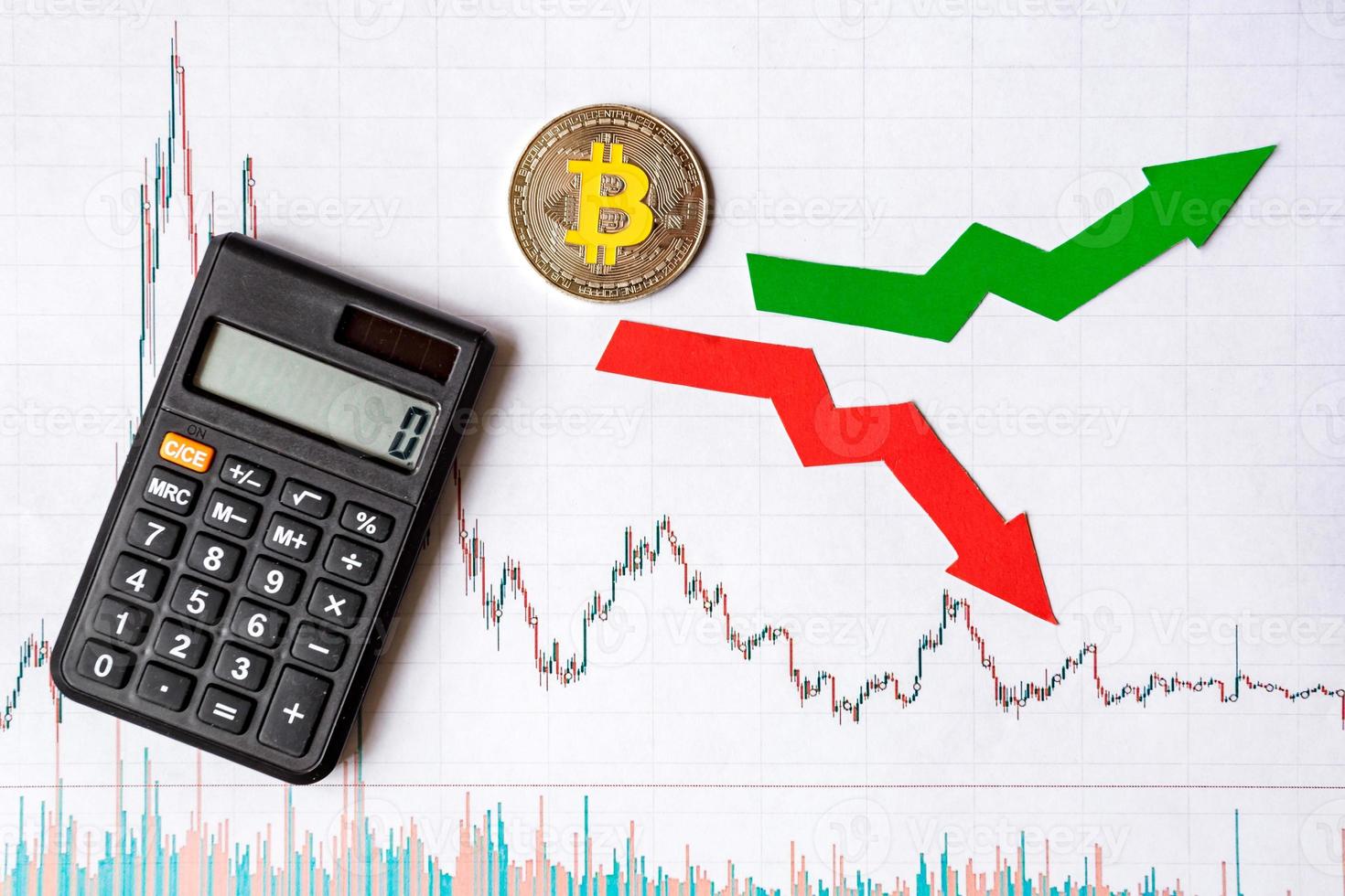 fluttuazioni e previsione dei tassi di cambio della moneta virtuale bitcoin. frecce rosse e verdi con scala bitcoin dorata su sfondo grafico forex carta bianca con calcolatrice. concetto di criptovaluta. foto