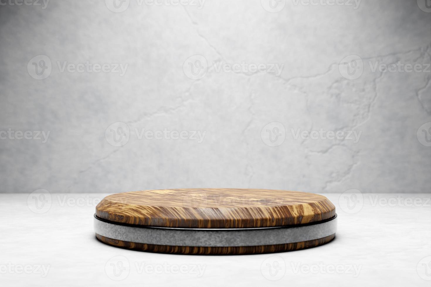 Illustrazione 3d di un podio circolare in legno su sfondo grigio. rendering 3D. sfondo della geometria del minimalismo foto