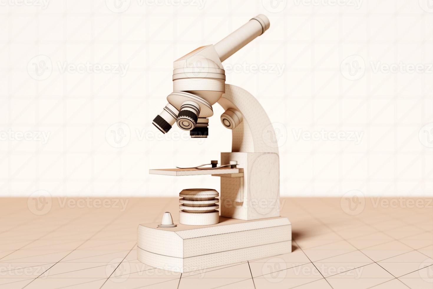 microscopio 3d realistico su sfondo monocromatico, attrezzatura da laboratorio. microscopio per la ricerca di laboratorio foto