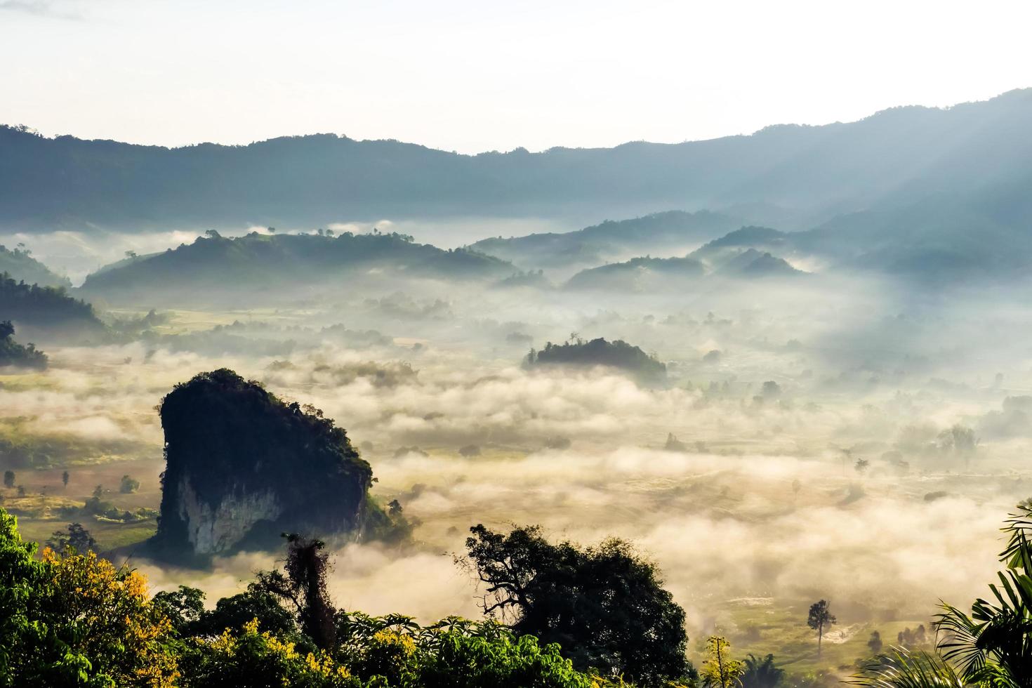 paesaggio di sole nella nebbia mattutina a phu lang ka, phayao, thailandia foto