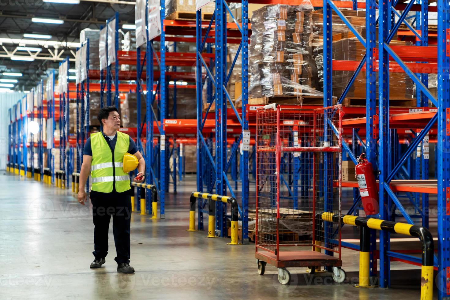 il lavoratore professionista di sesso maschile che indossa un elmetto controlla le scorte e l'inventario cammina nel magazzino al dettaglio pieno di scaffali con merci. lavorando in consegna, centro di distribuzione foto