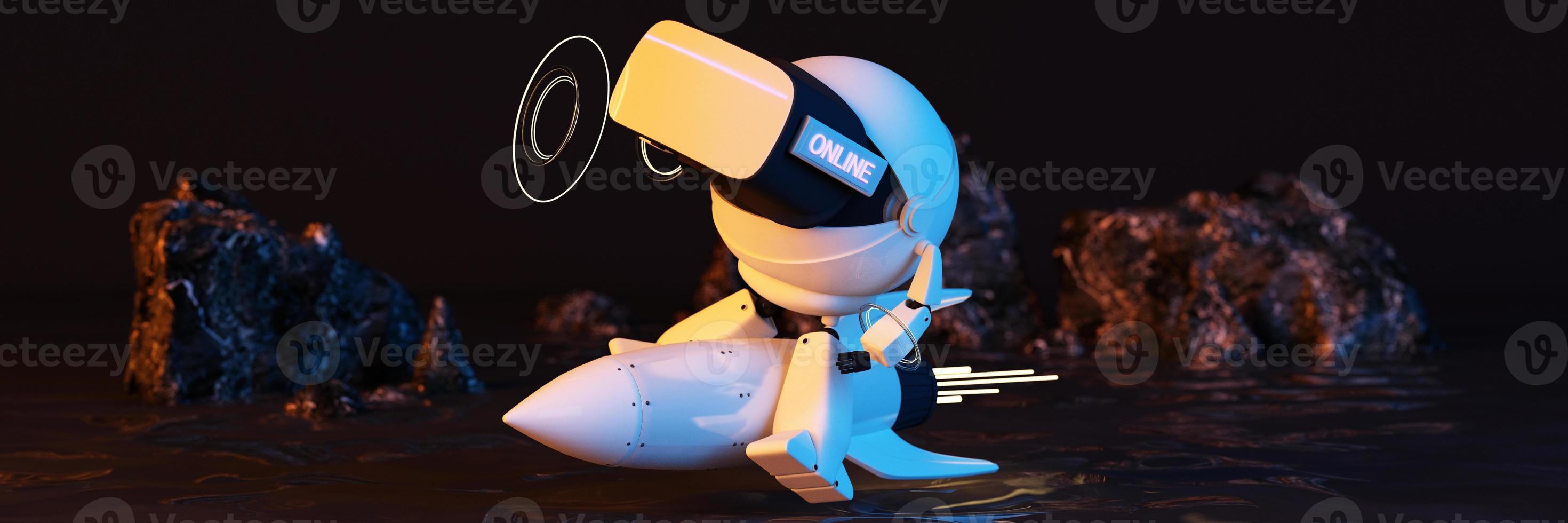 robot astronauta in sella a un razzo in ambienti del mondo virtuale rock e mare tecnologia metaverse concetto futuro. vr virtuale realtà digitale cyber simulazione innovazione connessione. rendering 3d realistico foto