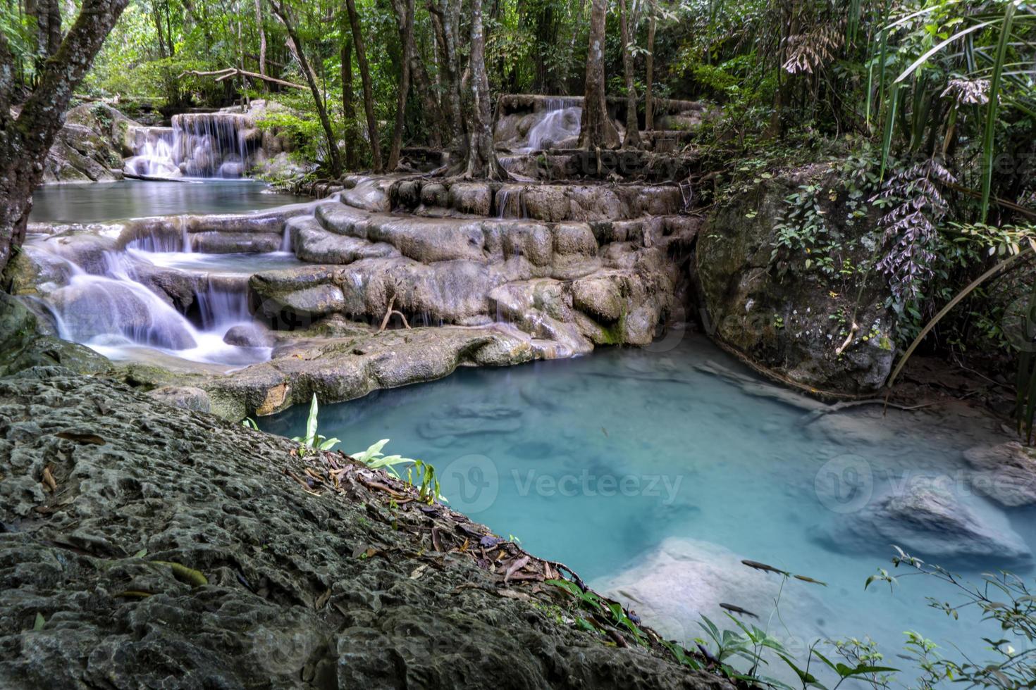 acqua verde smeraldo pulita dalla cascata circondata da piccoli alberi - grandi alberi, colore verde, cascata di erawan, provincia di kanchanaburi, tailandia foto