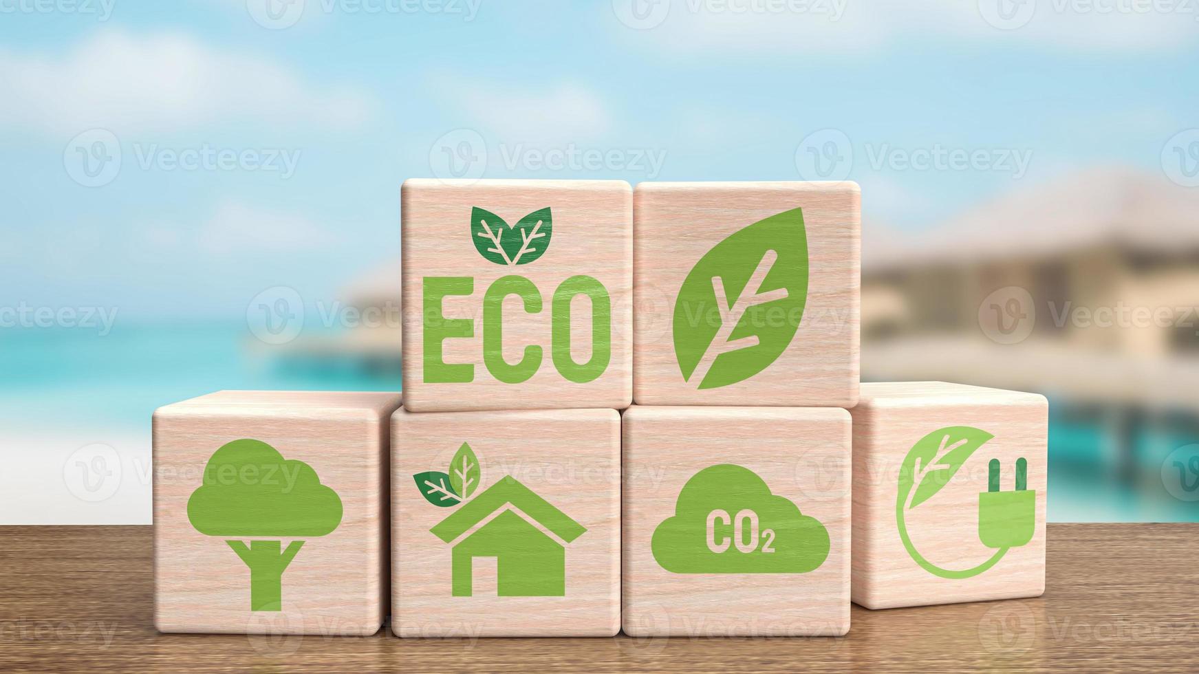 l'icona dell'ecologia sul cubo di legno per il rendering 3d di concetto ecologico o naturale foto
