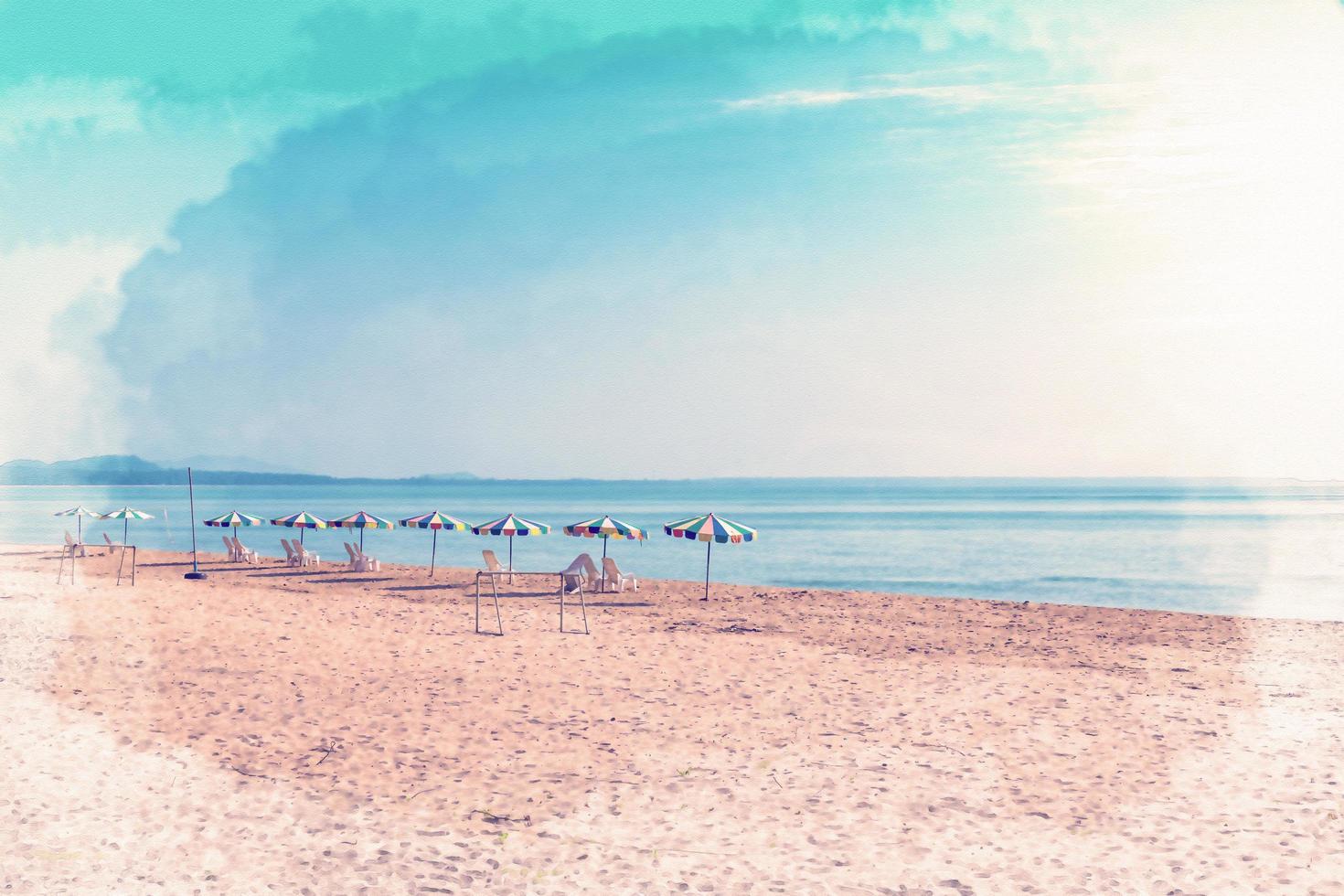 sedia da spiaggia bianca e ombrellone sulla spiaggia tropicale con sfondo blu cielo, stile di pittura digitale ad acquerello foto