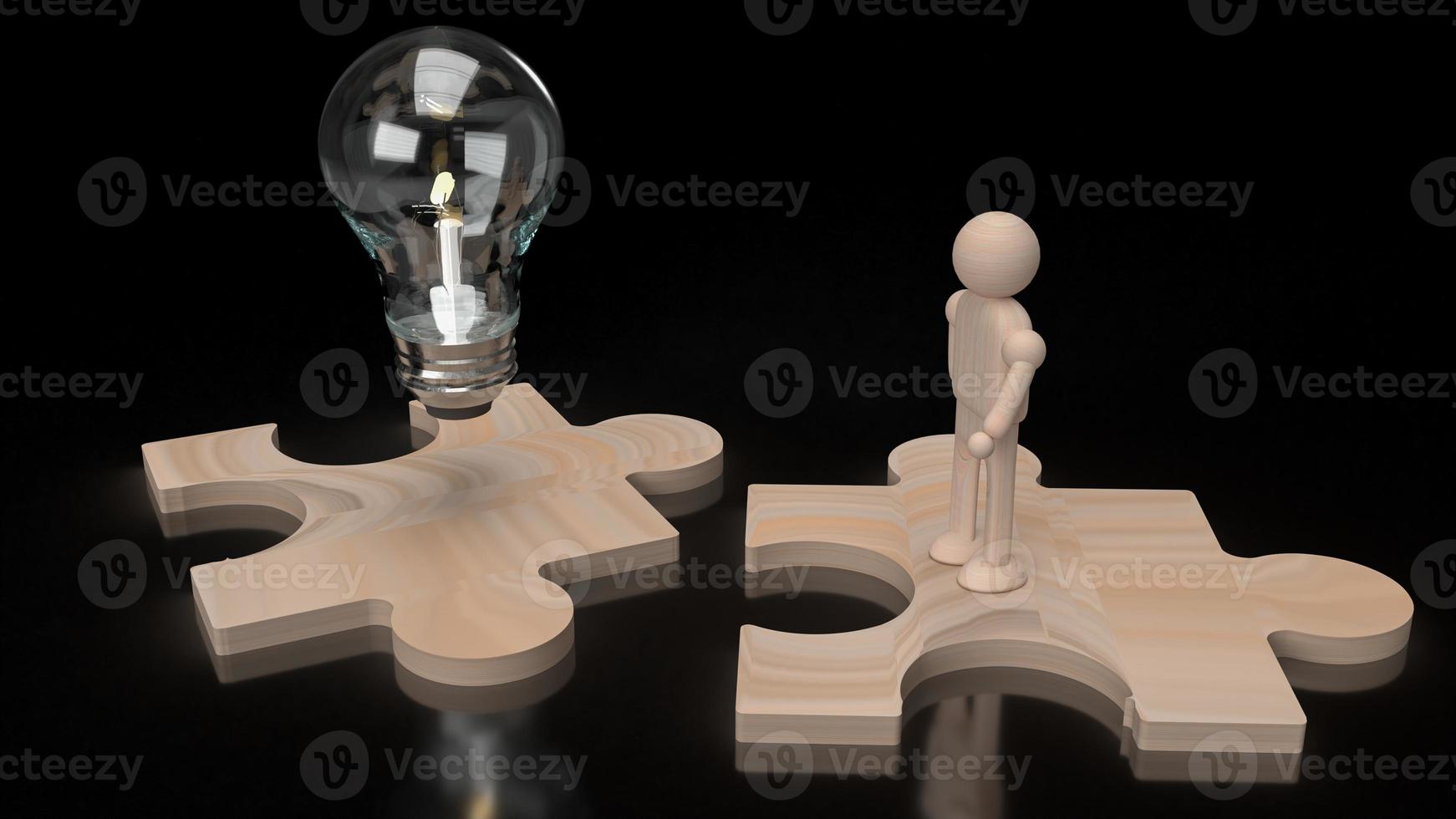 la lampadina e la figura umana in legno sul rendering 3d del puzzle. foto