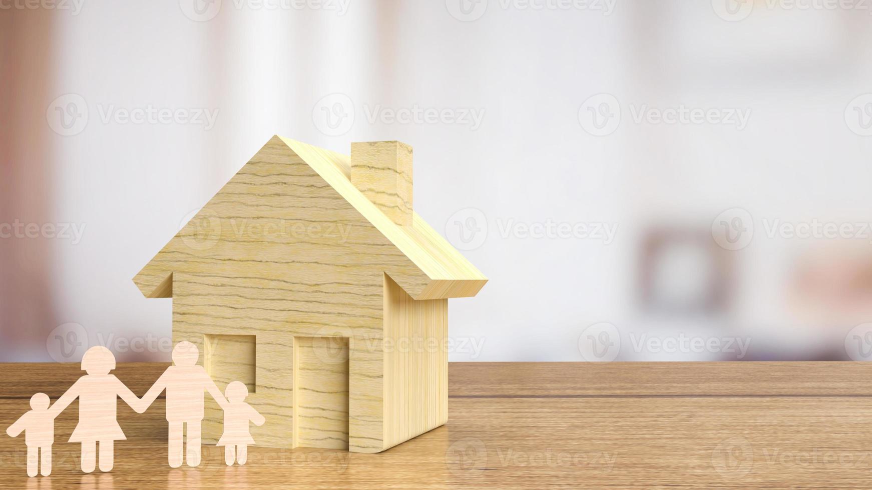 il piatto di legno della famiglia e la casa per il rendering 3d del concetto di proprietà o stile di vita foto