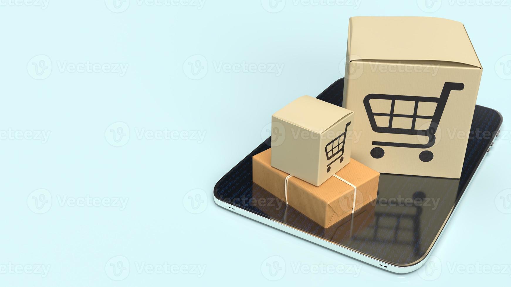 la scatola della spesa sul tablet per il rendering 3d del concetto di mercato online foto