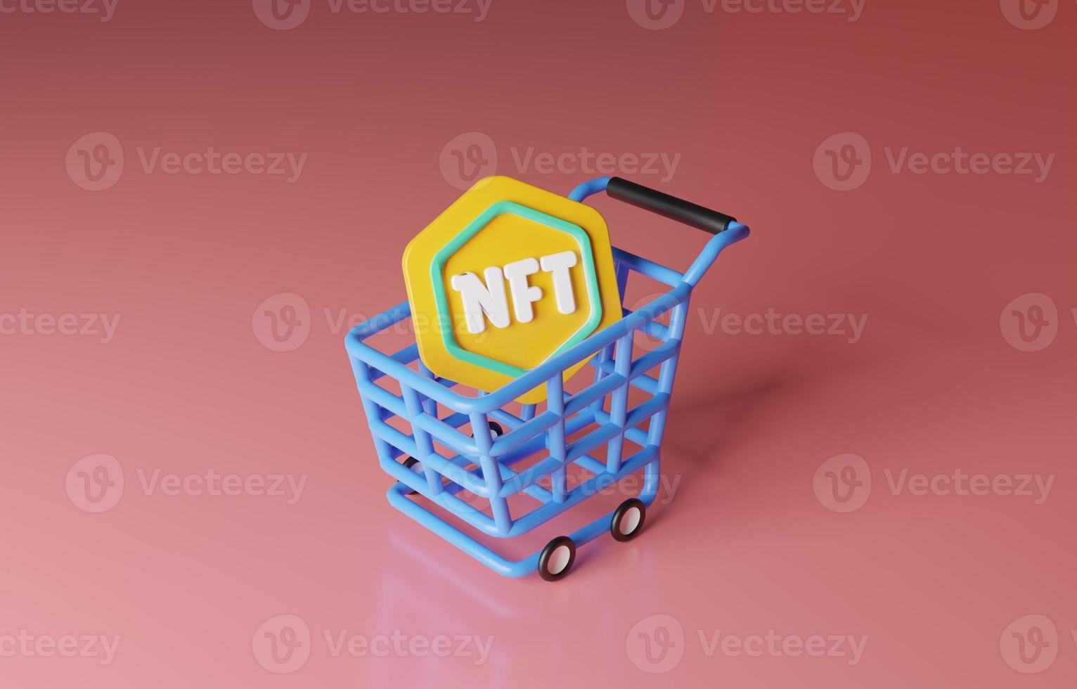 token non fungibile nft nel carrello, investimento nel concetto nft, illustrazione 3d. foto