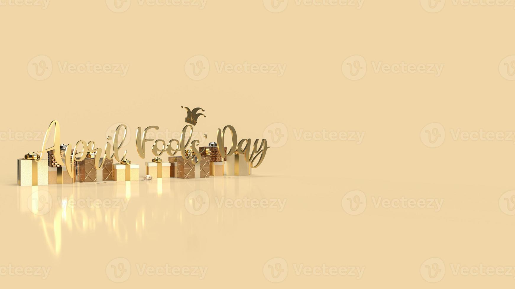 la parola d'oro April Fools Day e confezione regalo per il concetto di vacanza rendering 3d foto