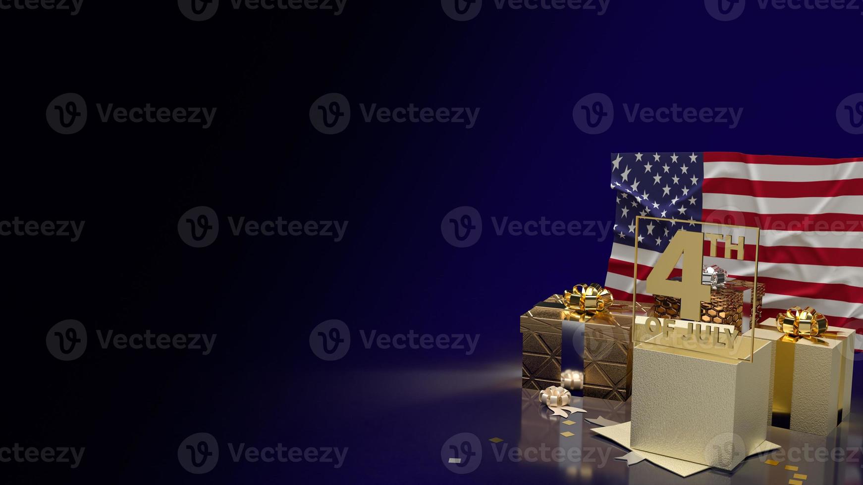 testo in oro 4 luglio sulla bandiera americana e confezione regalo per il rendering 3d dei contenuti delle vacanze foto