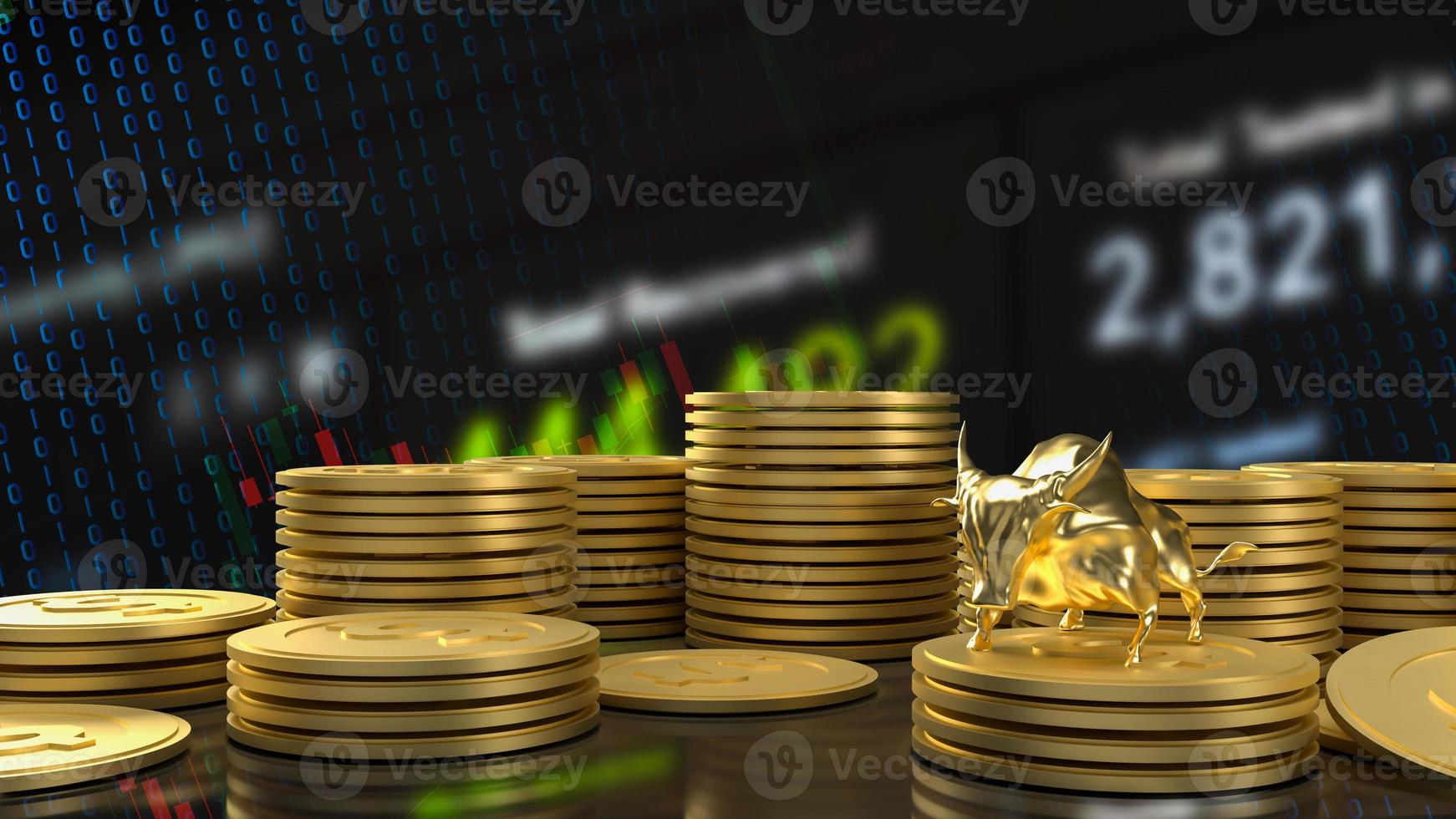 il toro d'oro e le monete per il rendering 3d di concetto di business foto