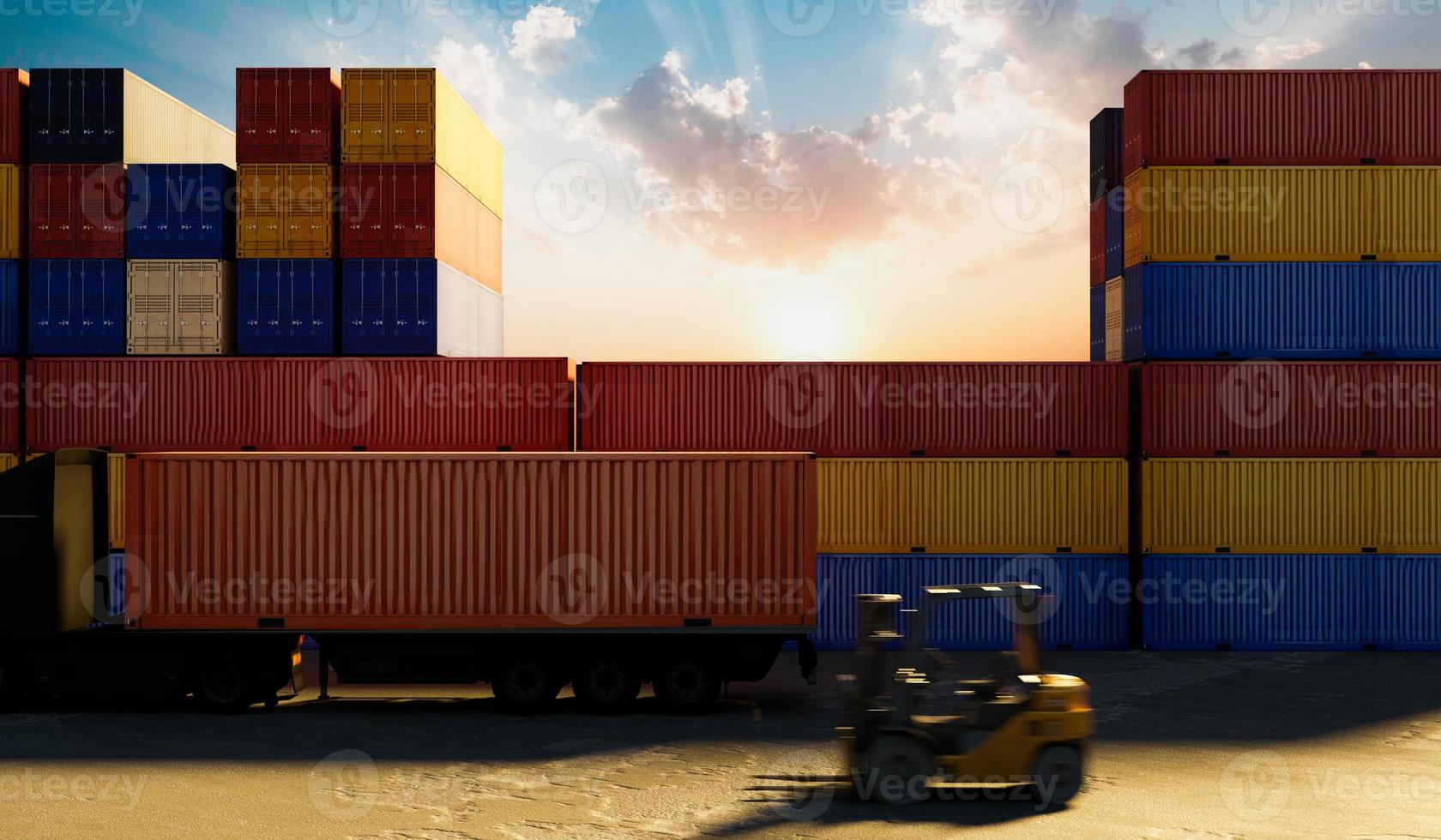 container di trasporto merci che lavora al porto marittimo, concetto di business logistico foto