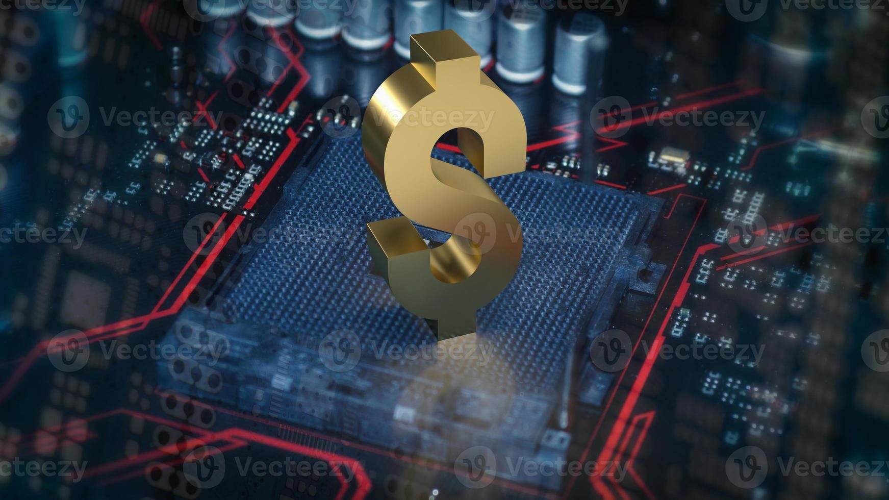 il simbolo dell'oro del dollaro sulla scheda del circuito stampato per il rendering 3d di concetto di business o tecnologia foto
