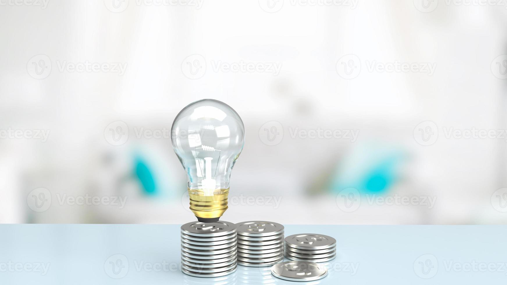 la lampadina e le monete d'argento sul tavolo per il rendering 3d del concetto di business foto