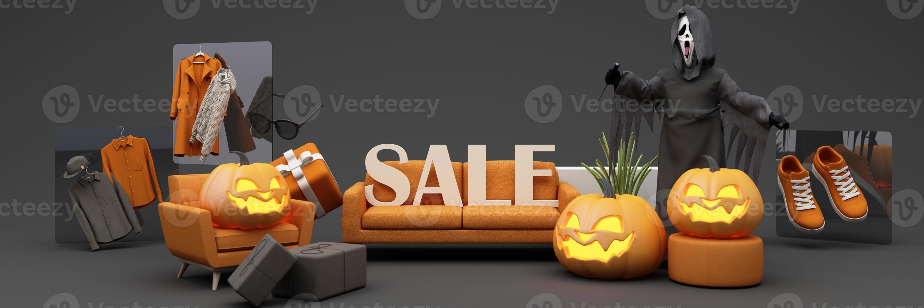 poster promozionale di vendita di halloween con zucca di halloween e vestiti per lo shopping di moda e confezione regalo con scena sul podio del prodotto. sito web spettrale, sfondo per banner halloween. widescreen -rendering 3d foto