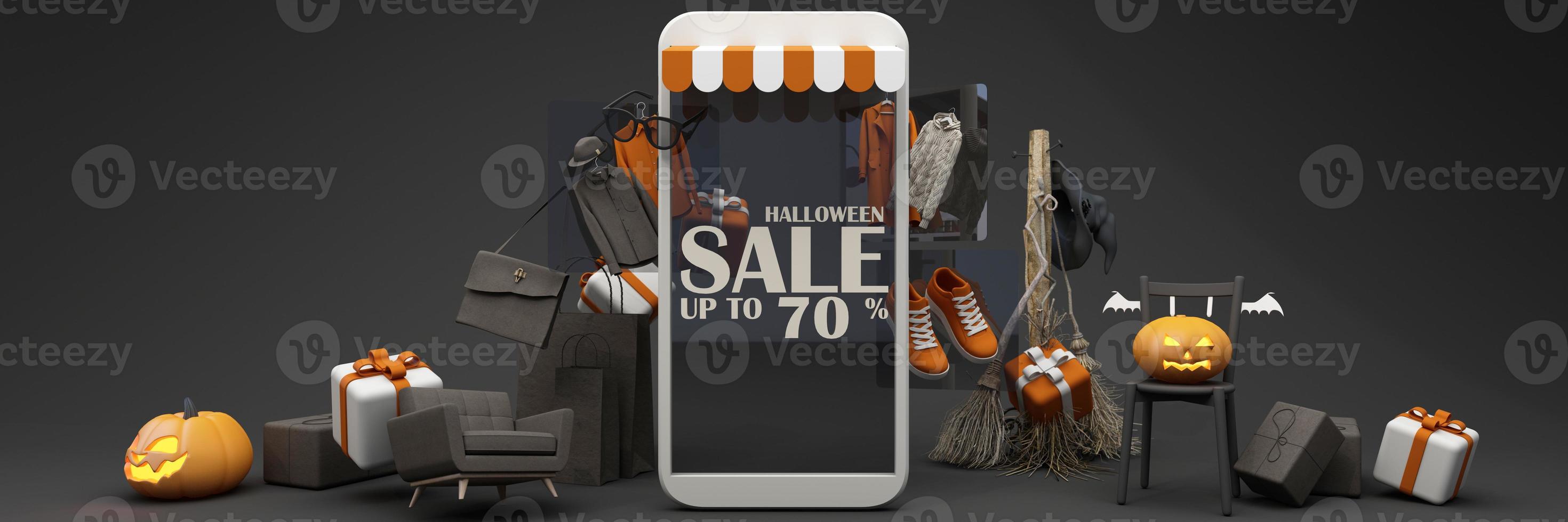 poster promozionale di vendita di halloween con zucca di halloween e vestiti per lo shopping di moda e confezione regalo con scena sul podio del prodotto. sito web spettrale, sfondo per banner halloween. widescreen -rendering 3d foto