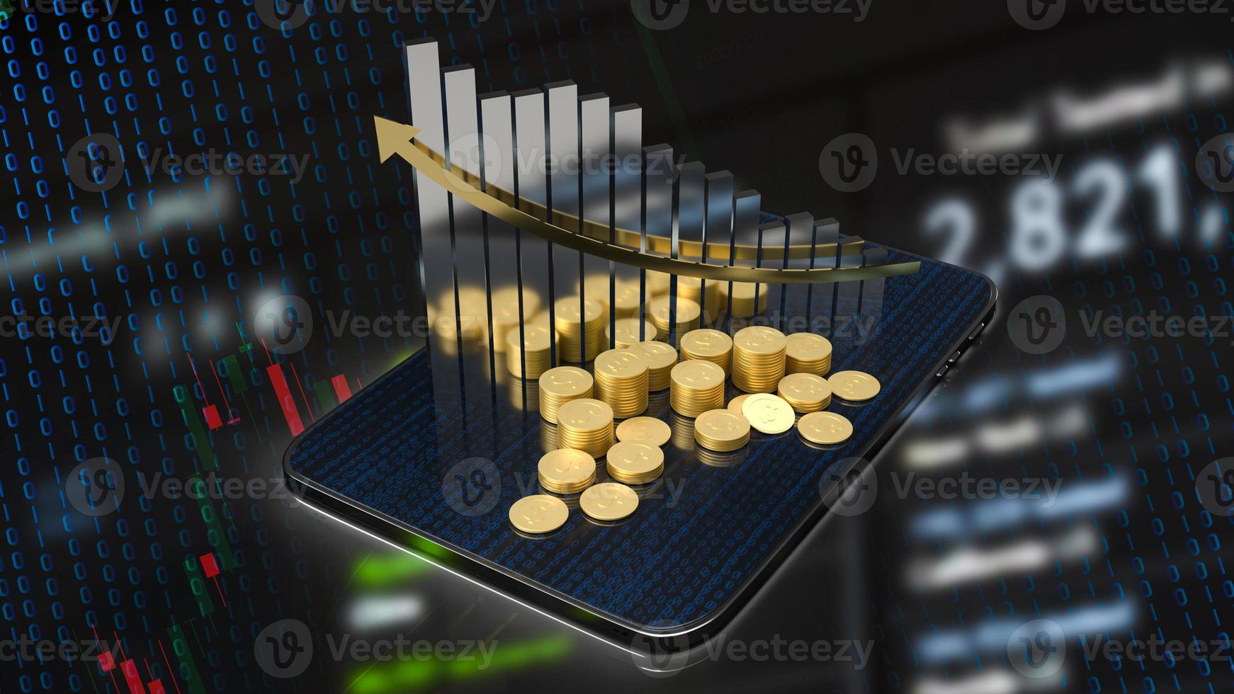 il grafico aziendale e monete d'oro sul rendering 3d tablet foto