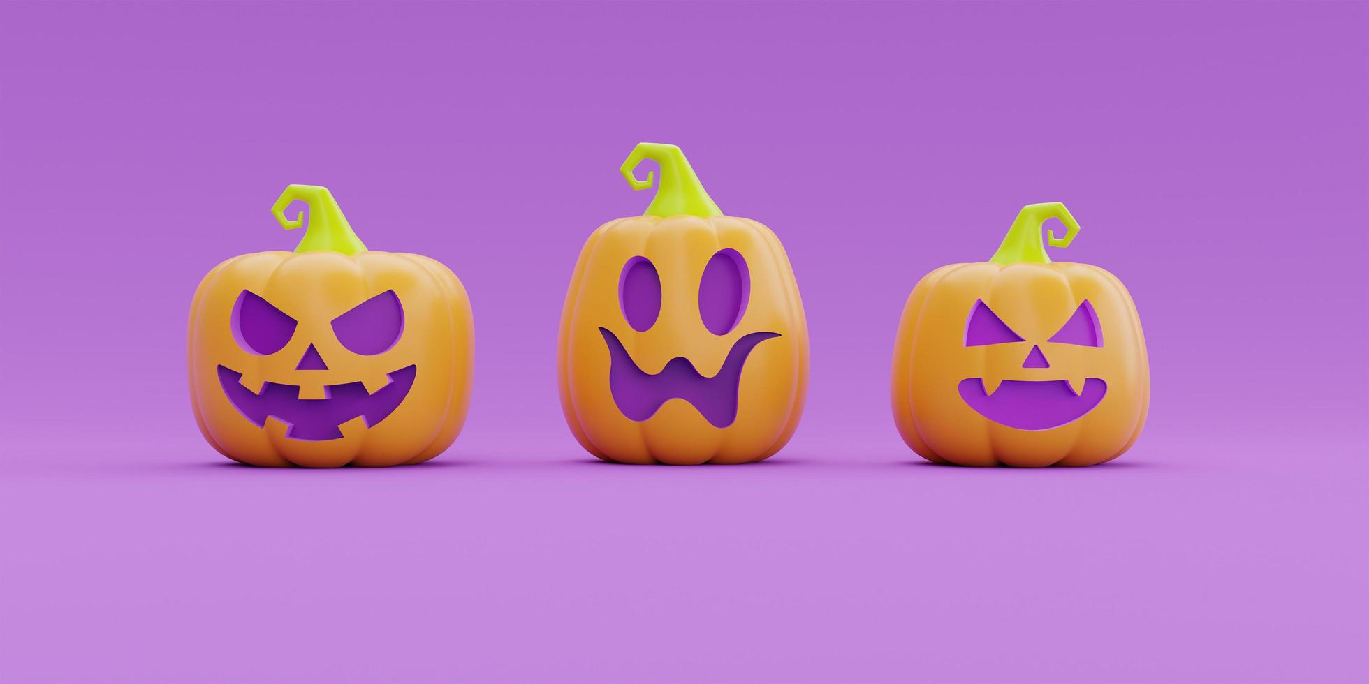 felice halloween con carattere di zucche jack-o-lantern su sfondo viola, tradizionale vacanza di ottobre, rendering 3d. foto