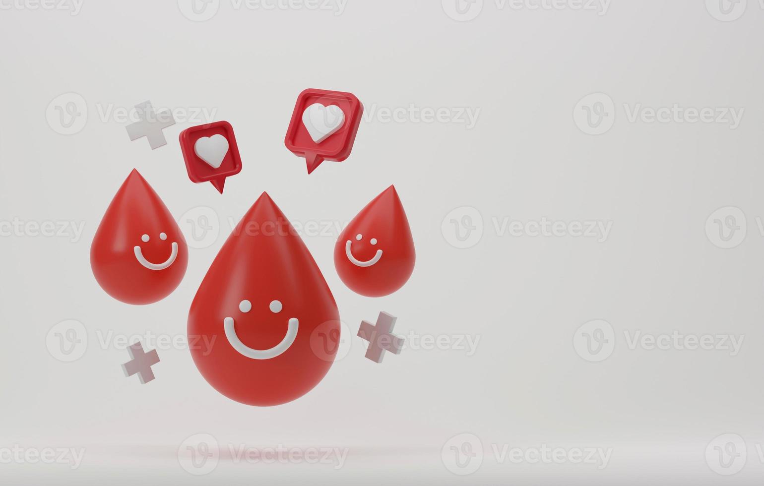 gocce di sangue con un simpatico volto sorridente felice con una croce rossa su sfondo bianco. foto